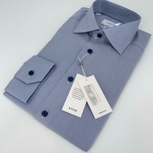 Eton Dress Shirt Mens 15 1/2-39 Blue White Textured Twill Contemporary Button Up